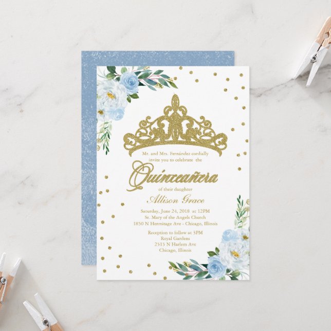 Invitation Quinceanera Tiara Or Fleur Bleu Bébé Or (Devant/Arrière en situation)