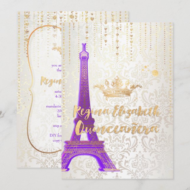 Invitation Quinceanera/Tour Eiffel/Princesse Parisienne/Viole (Devant / Derrière)
