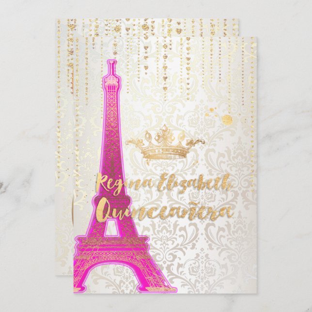 Invitation Quinceanera/Tour Eiffel/Princesse Parisienne/Viole (Devant / Derrière)