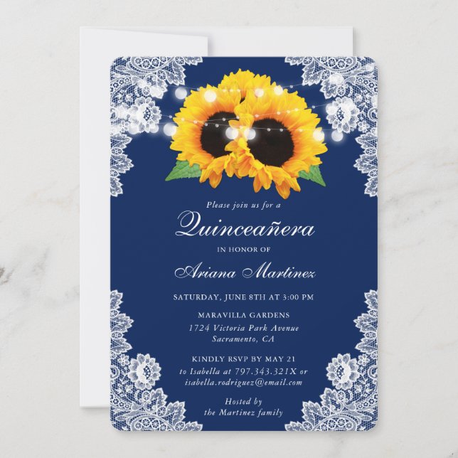 Invitation Quinceañera Tournesol Bleu Marine (Devant)