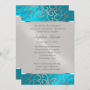 Invitation Quinceanera Tourquoise Bleu Silver Fils