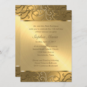 Invitation Quinceanera Toute Gold Filigree Swirl bordure
