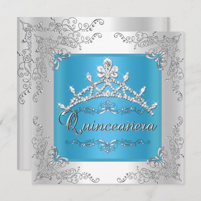 Invitation Quinceanera Turquoise 15e anniversaire Silver Tiar (Devant / Derrière)