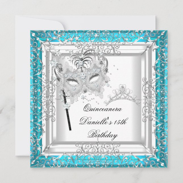 Invitation Quinceanera turquoise 15e anniversaire Tiara Masqu (Devant)