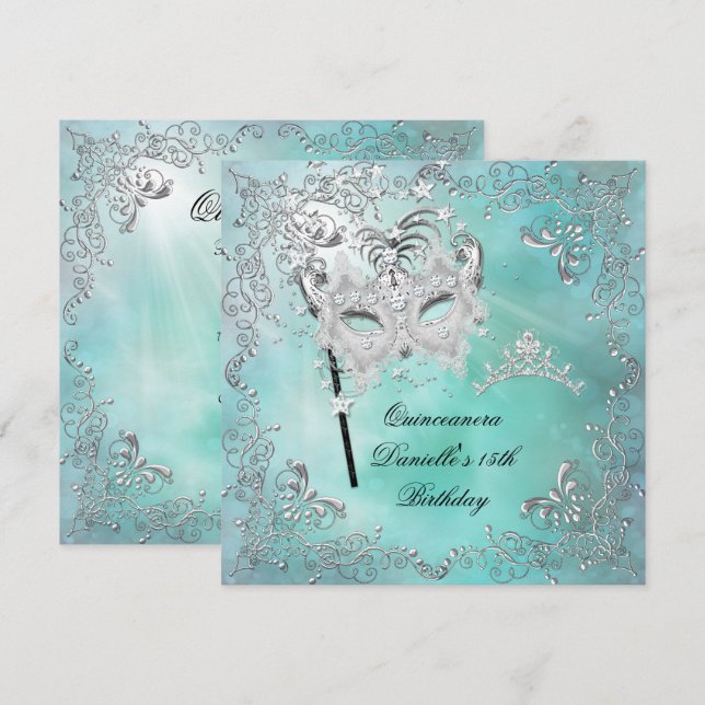 Invitation Quinceanera turquoise 15e anniversaire Tiara Masqu (Devant / Derrière)