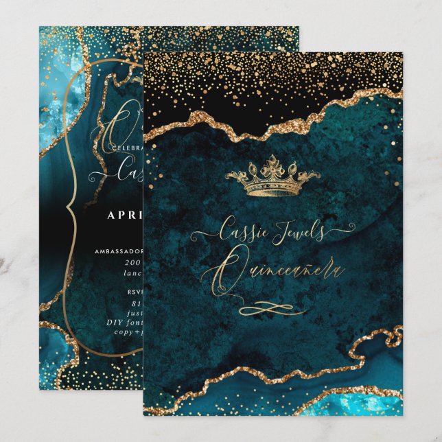 Invitation Quinceanera, Turquoise Agate Bleu Faux Gold Confet (Devant / Derrière)