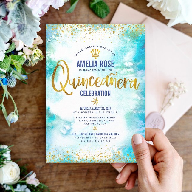 Invitation Quinceañera Turquoise Aquarelle Or Foil Chic (Créateur téléchargé)