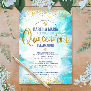 Invitation Quinceañera Turquoise Aquarelle Papier Or Foil Elé