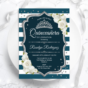 Invitation Quinceanera turquoise blanc argent élégant