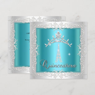 Invitation Quinceanera Turquoise Blanc Diadème Tour Eiffel