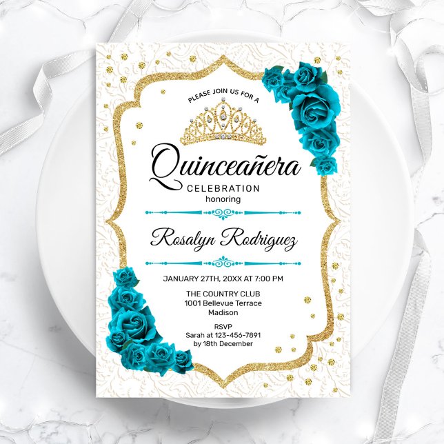 Invitation Quinceanera turquoise blanche or élégant Floral (Créateur téléchargé)