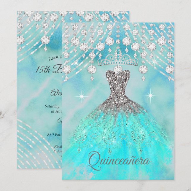 Invitation Quinceanera Turquoise Bleu Argent 15e fête d'anniv (Devant / Derrière)