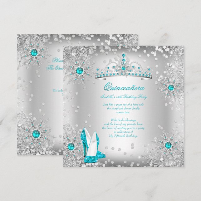 Invitation Quinceanera Turquoise Bleu Argent hiver Wonderland (Devant / Derrière)