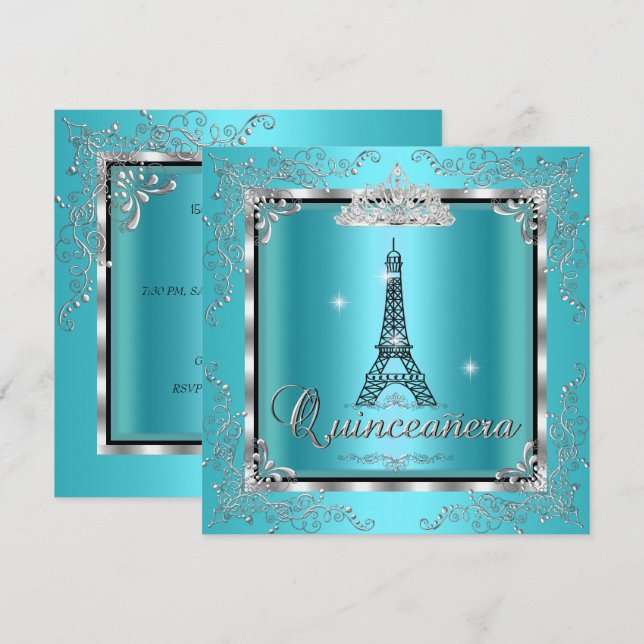 Invitation Quinceanera Turquoise Bleu Argent Tiara Tour Eiffe (Devant / Derrière)