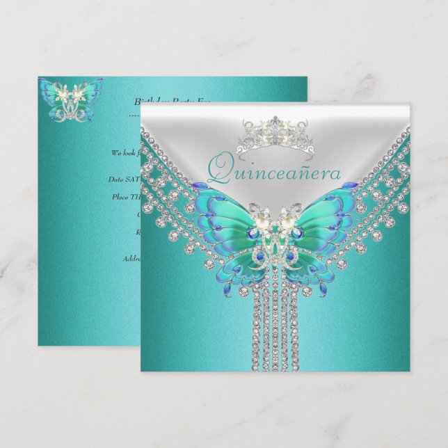 Invitation Quinceañera Turquoise Bleu Blanc Papillon Diamant (Devant / Derrière)
