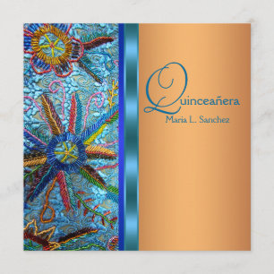 Invitation Quinceanera Turquoise Bleu Orange Sud-Ouest