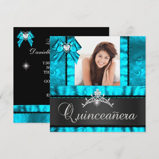 Invitation Quinceanera Turquoise bleue 15ème anniversaire de  (Devant / Derrière)