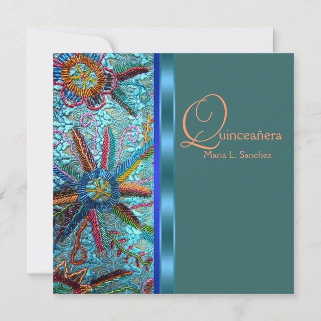 Invitation Quinceanera turquoise bleue orange perlée (Devant)