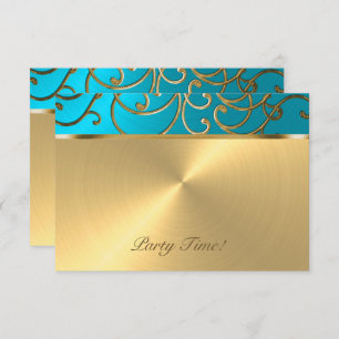 Invitation Quinceanera Turquoise Blue et Gold Filigree