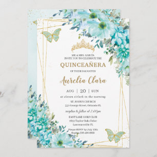 Invitation Quinceañera Turquoise Blue Floral Gold Butterflies
