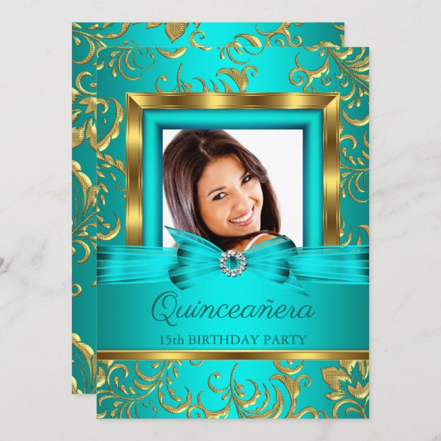 Invitation Quinceanera Turquoise Blue Gold Floral Photo (Devant / Derrière)