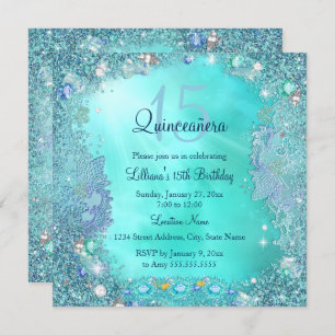 Invitation Quinceanera Turquoise Blue Ocean Jewel Anniversair