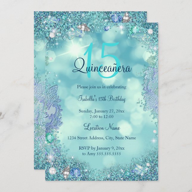 Invitation Quinceanera Turquoise Blue Ocean Sky fête d'annive (Devant / Derrière)