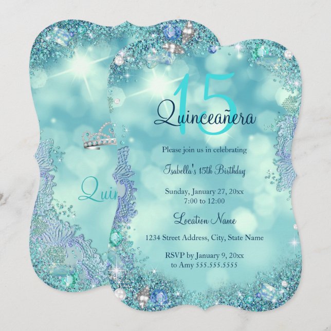 Invitation Quinceanera Turquoise Blue Ocean Sky fête d'annive (Devant / Derrière)
