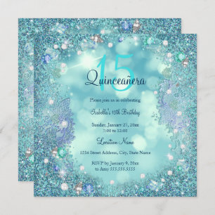 Invitation Quinceanera Turquoise Blue Pearles Ocean Sky Anniv
