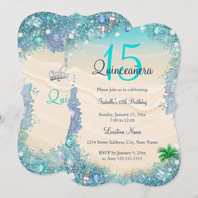 Invitation Quinceanera Turquoise Blue Sand Ocean Beach Annive (Devant / Derrière)