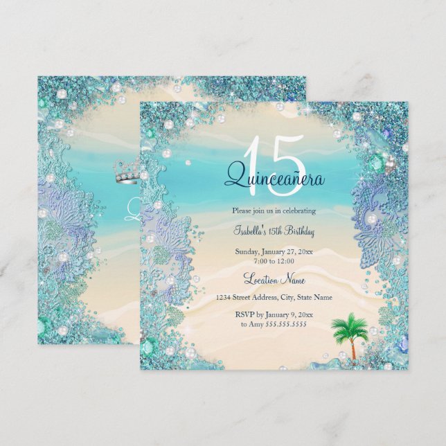 Invitation Quinceanera Turquoise Blue Sand Ocean Beach Annive (Devant / Derrière)