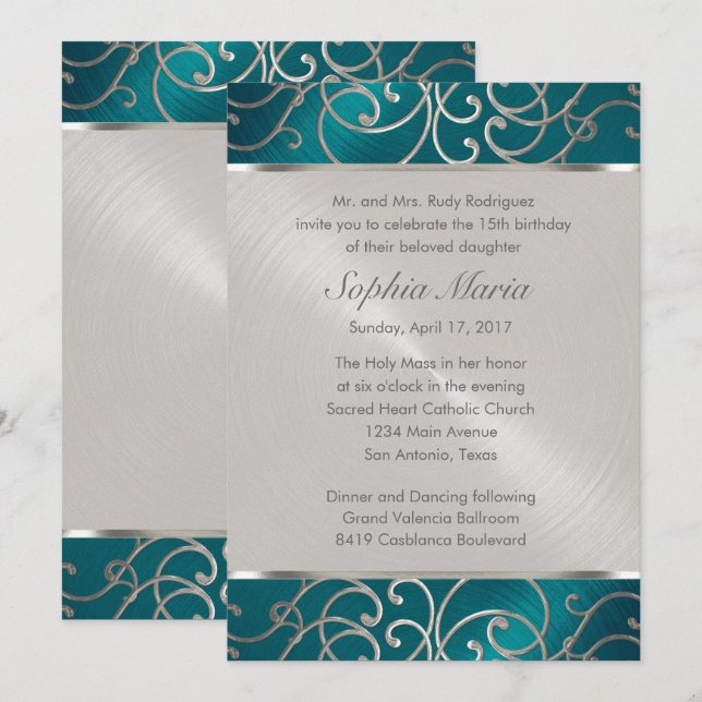 Invitation Quinceanera Turquoise Blue Silver Filigree (Devant / Derrière)