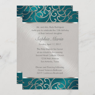 Invitation Quinceanera Turquoise Blue Silver Filigree
