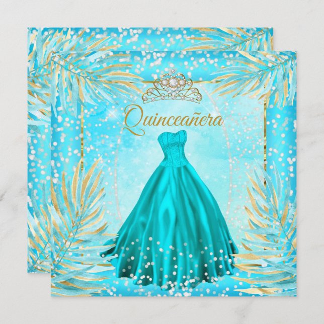 Invitation Quinceanera Turquoise Blue Tiara robe fête d'anniv (Devant / Derrière)