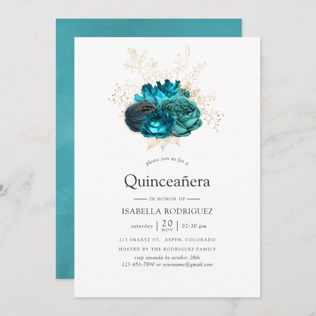 Invitation Quinceañera turquoise et or Floral (Devant / Derrière)