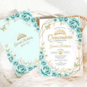 Invitation Quinceanera Turquoise Floral Or