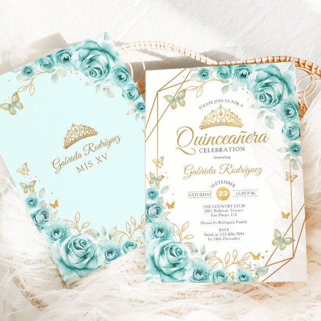 Invitation Quinceanera Turquoise Floral Or (Créateur téléchargé)