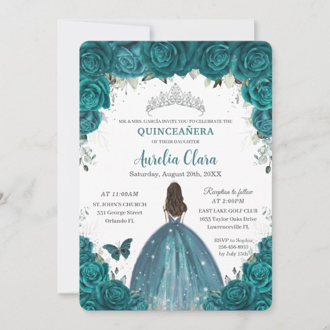 Invitation Quinceañera Turquoise Floral Papillons Argent Tiar (Devant)