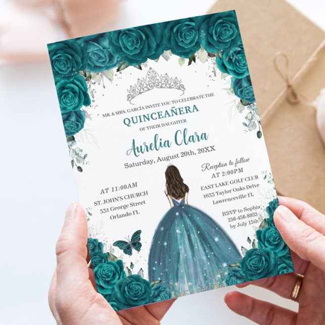 Invitation Quinceañera Turquoise Floral Papillons Argent Tiar (Créateur téléchargé)