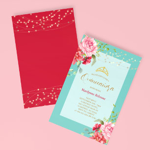 Invitation Quinceañera Turquoise Florale Or