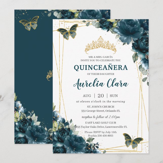 Invitation Quinceañera Turquoise foncé Peacock papillons flor (Devant / Derrière)