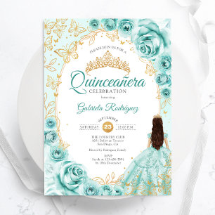 Invitation Quinceanera Turquoise Gold Floral