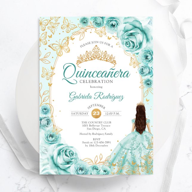 Invitation Quinceanera Turquoise Gold Floral (Créateur téléchargé)