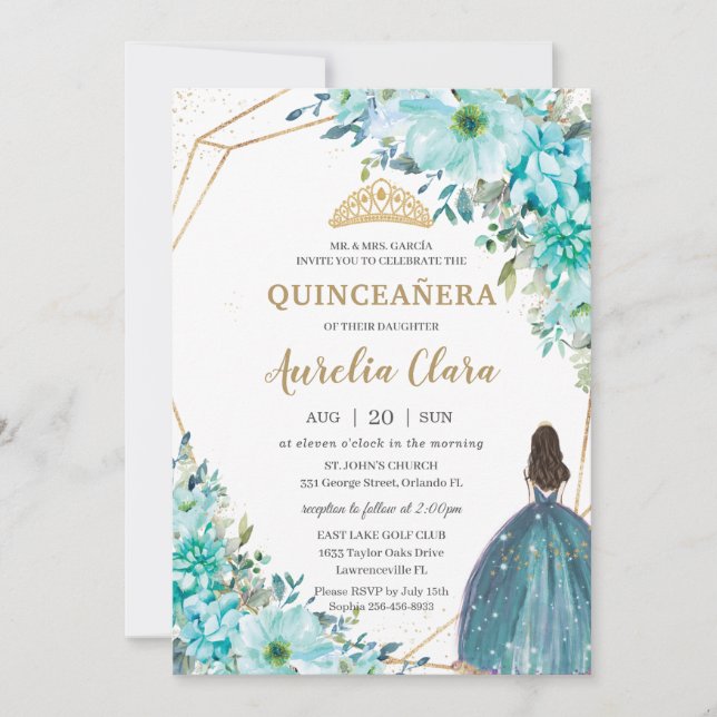 Invitation Quinceañera Turquoise Green Floral Gold Princesse (Devant)