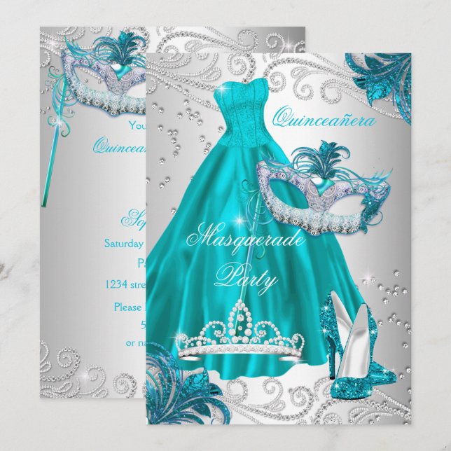 Invitation Quinceanera Turquoise Masque Robe Argent Mascarade (Devant / Derrière)