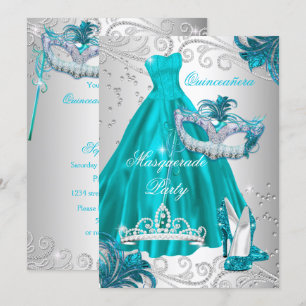 Invitation Quinceanera Turquoise Masque Robe Argent Mascarade