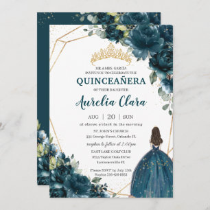 Invitation Quinceañera Turquoise noire Peacock Floral Princes
