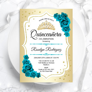 Invitation Quinceanera turquoise or blanc élégant