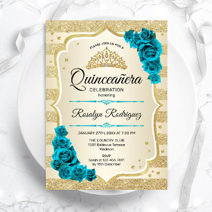 Invitation Quinceanera turquoise or élégant Floral
