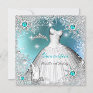 Invitation Quinceanera Turquoise Pearl Silver Winter Snowflak